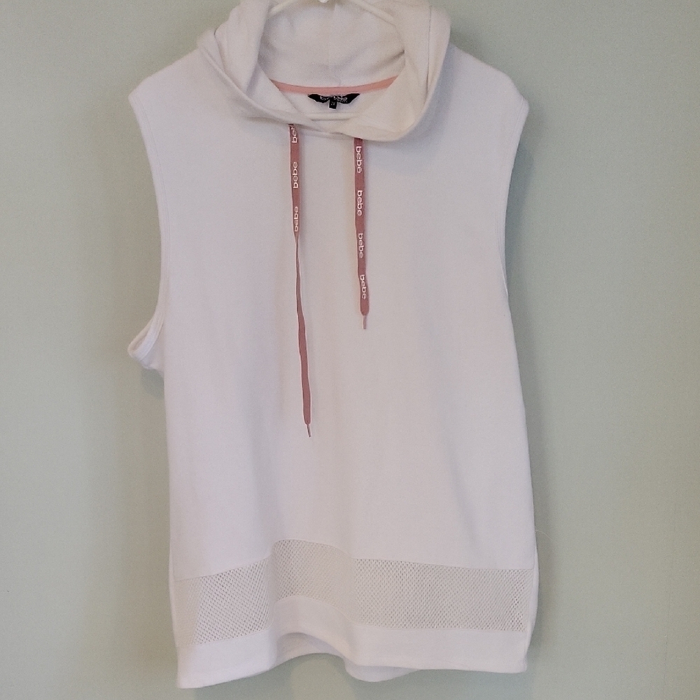 Bebe Sport White Hoodie with Dusty Rose Drawstrings Mesh Hem Detail Size 2x